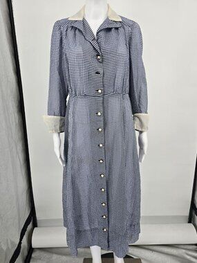 Vintage 1940s Handmade Blue/White Sheer Dobby-Woven Check Pattern Day Dress (L)